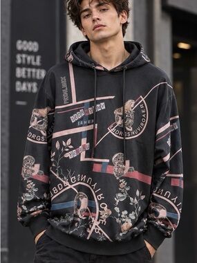 Men’s XL Black Hooded Streetwear Sweatshirt / Grunge Sexy Floral Hip Hop